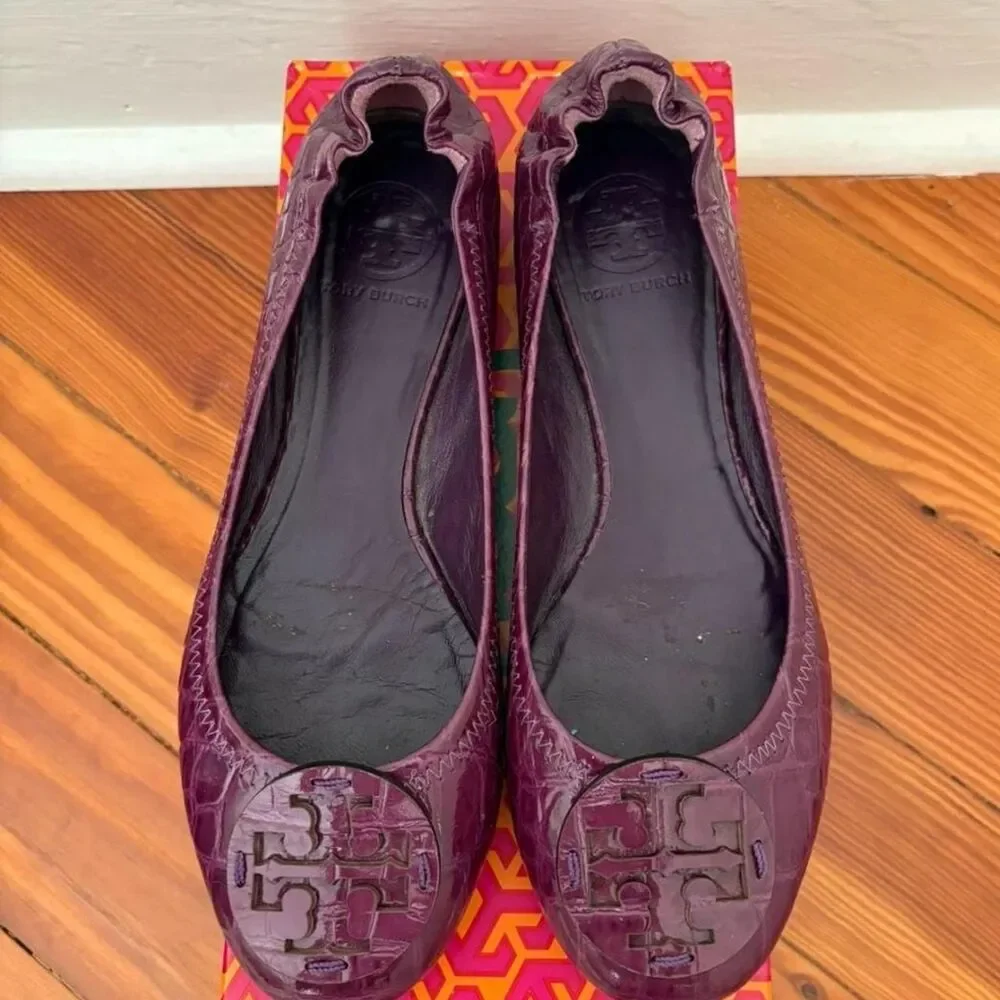 Tory Burch Reva Tonal Logo Patent Petit Dorothy Croc Ballet Flats in Sweet Plum